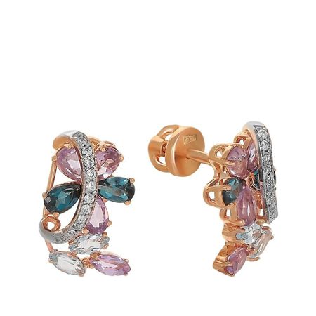 Золотые серьги с аметистами и топазами с фианитами