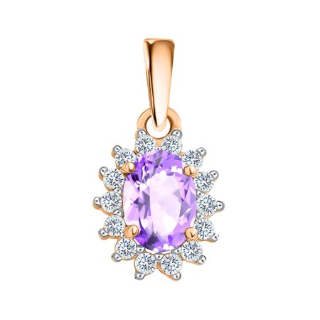 Золотая подвеска с аметистом и фианитами с родированием