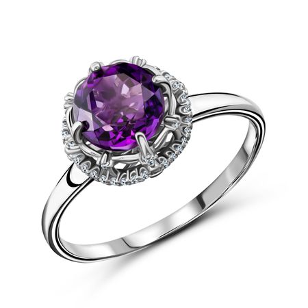 Серебряное кольцо с аметистом и фианитами с родированием
