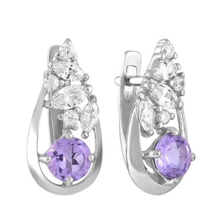 Серебряные серьги с аметистами и фианитами с родированием