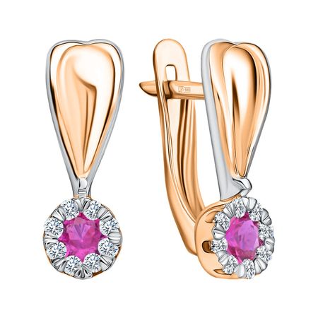 Золотые серьги с рубинами и бриллиантами с родированием