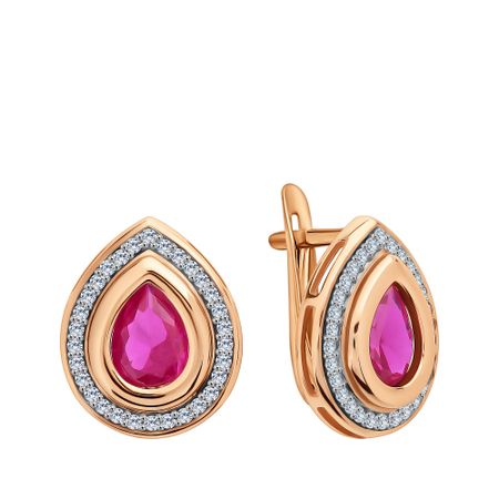 Золотые серьги с рубинами и бриллиантами с родированием