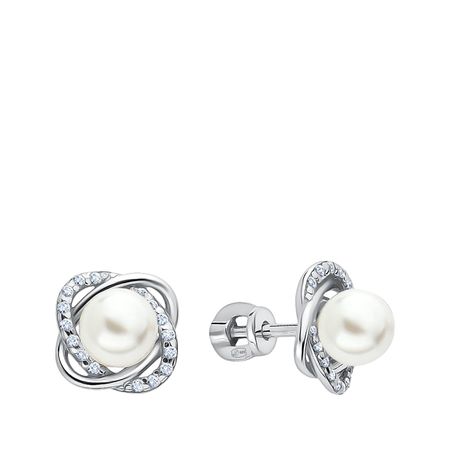Серебряные серьги с искусственным жемчугом и фианитами с родированием