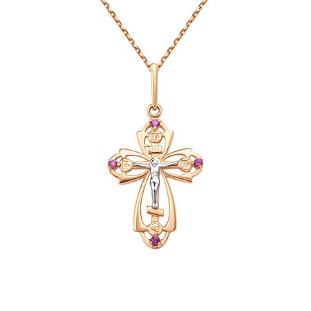Золотая подвеска Крест с рубинами