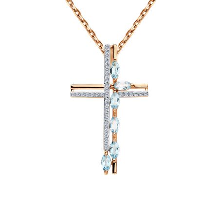 Золотая подвеска Крест с топазами Swiss и фианитами с родированием
