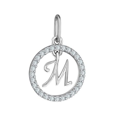 Серебряная подвеска буква М с фианитами и родированием