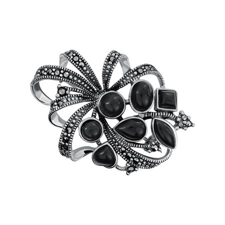 Серебряная брошь с ониксом и марказитами