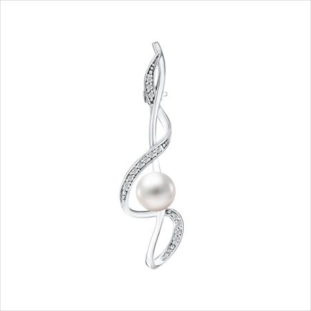 Серебряная брошь с жемчугом и фианитами с родированием