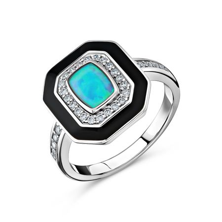 Серебряное кольцо с искусственным опалом и эмалью с фианитами и родированием