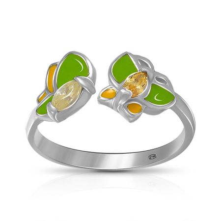 Серебряное детское кольцо с хризолитом и фианитом с эмалью