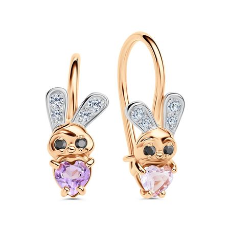 Золотые детские серьги с аметистами и фианитами с родированием