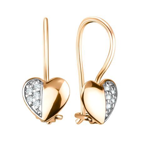 Золотые детские серьги Сердце с бриллиантами и родированием