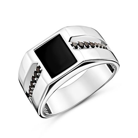 Серебряная печатка с агатом и фианитами с родированием