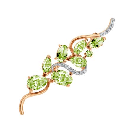 Золотая брошь с хризолитами и фианитами с родированием