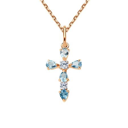 Золотая подвеска Крест с топазами Swiss и фианитами с родированием