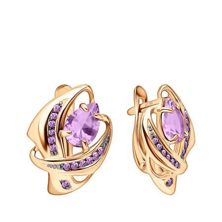 Золотые серьги с аметистами и фианитами с черным родированием