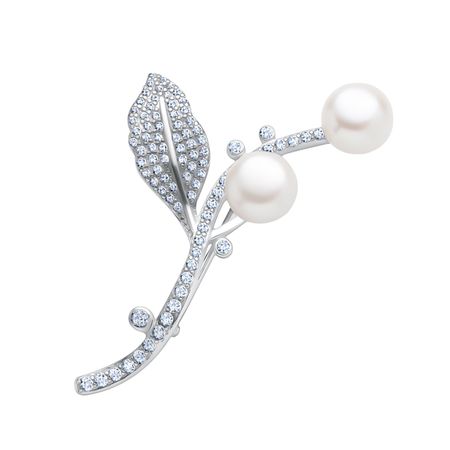 Серебряная брошь с жемчугом и фианитами с родированием