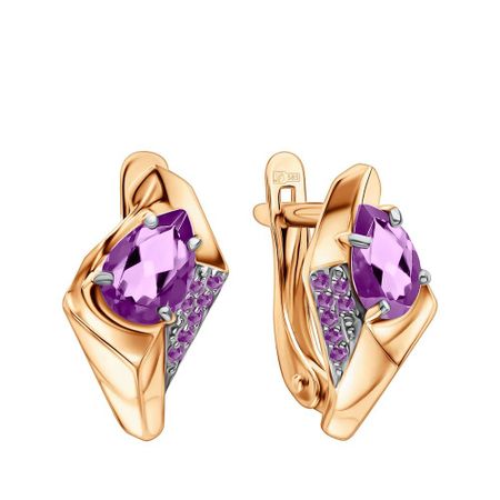 Золотые серьги с аметистами и фианитами с черным родированием