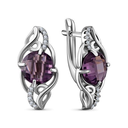Серебряные серьги с аметистами и фианитами с родированием
