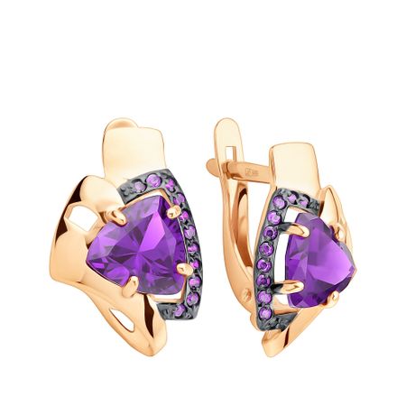 Золотые серьги с аметистами и фианитами с черным родированием