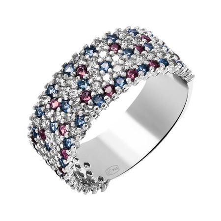 Серебряное кольцо с аметистами и сапфирами с фианитами и родированием