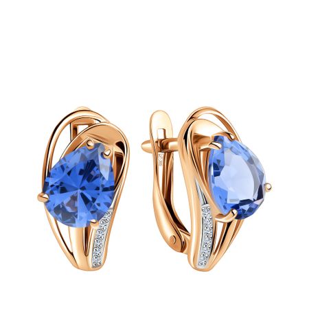 Золотые серьги с танзанитами и фианитами с родированием