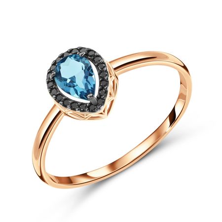 Золотое кольцо с London топазом и фианитами с черным родированием