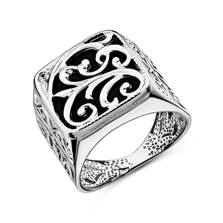 Серебряная печатка с ониксом и фианитом с родированием