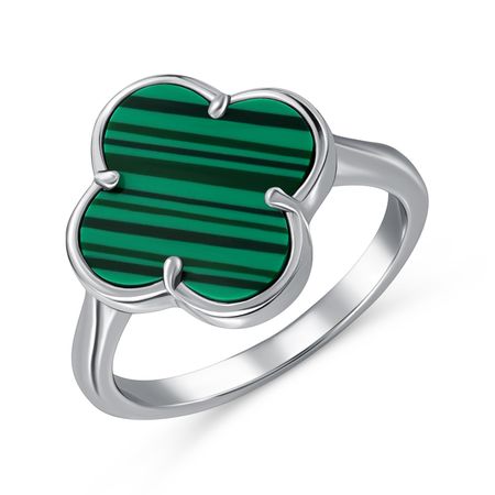 Серебряное кольцо Клевер с малахитом и родированием