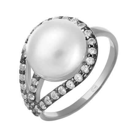 Серебряное кольцо с жемчугом SWAROVSKI и фианитами с чернением