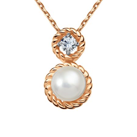 Золотая подвеска с жемчугом и фианитом с родированием