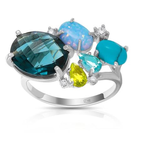 Серебряное кольцо с бирюзой и опалом с топазом и хризолитом с фианитом