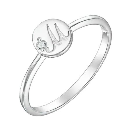 Серебряное кольцо Буква М с фианитом и родированием