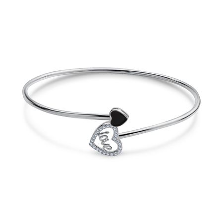 Серебряный жесткий браслет с фианитами и эмалью с родированием