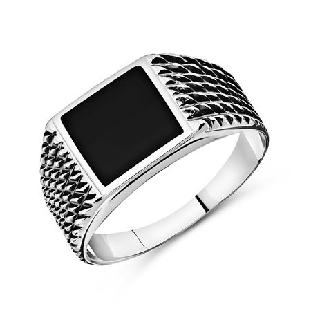 Серебряная печатка Броненосец с обсидианом и чернением