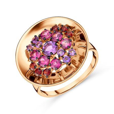 Золотое кольцо с аметистами и гранатом с родолитами и черным родированием