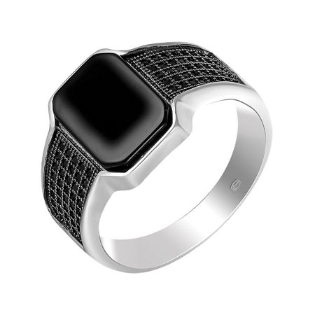 Кольцо-печатка из серебра с агатом и фианитами