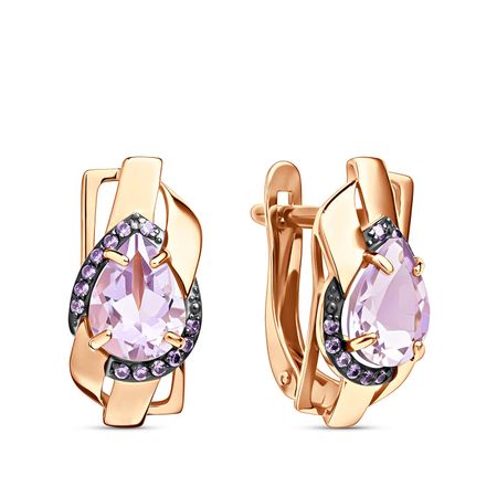 Золотые серьги с аметистами и фианитами с черным родированием