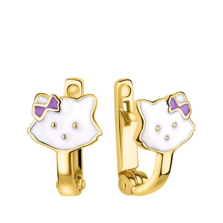 Серебряные детские серьги Кот с эмалью и позолотой