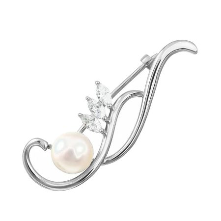 Брошь-булавка из серебра с жемчугом с фианитами
