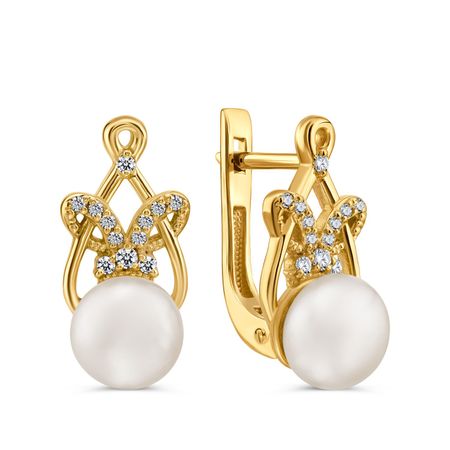 Серебряные серьги с жемчугом и фианитами с позолотой