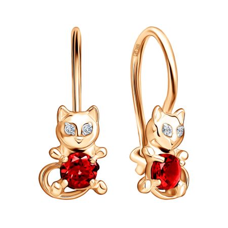 Золотые детские серьги с гранатом и фианитами с родированием