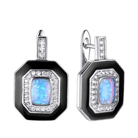 Серебряные серьги с опалами и эмалью с фианитами и родированием