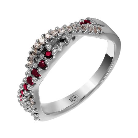 Серебряное кольцо с рубинами и фианитами с родированием