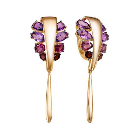Золотые серьги с аметистами и родолитами с гранатом и родированием
