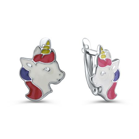 Серебряные детские серьги Единорог с эмалью и родированием шкатулка круглая единорог металл 6см 12 09412 03087 12