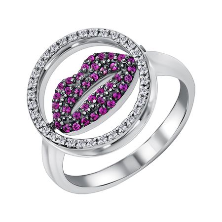 Серебряное двухстороннее кольцо с рубинами и фианитами с родированием