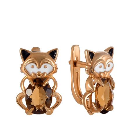 Серебряные детские серьги Кошка с раухтопазами и эмалью  и позолотой