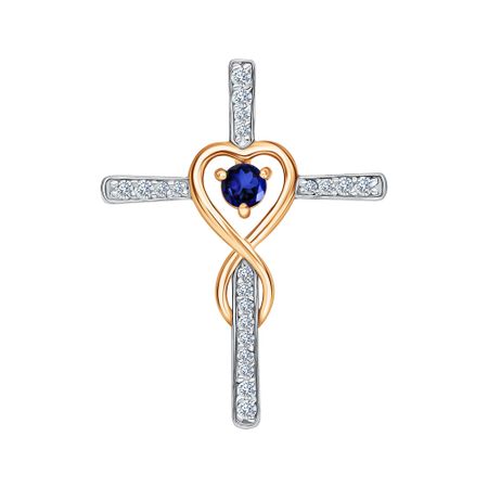 Золотая подвеска Крест с сапфиром и бриллиантами