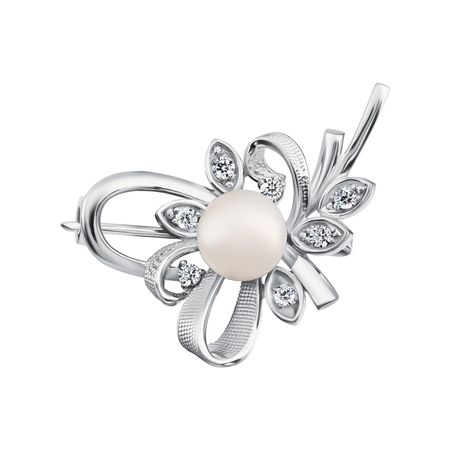 Серебряная брошь с жемчугом и фианитами и родированием